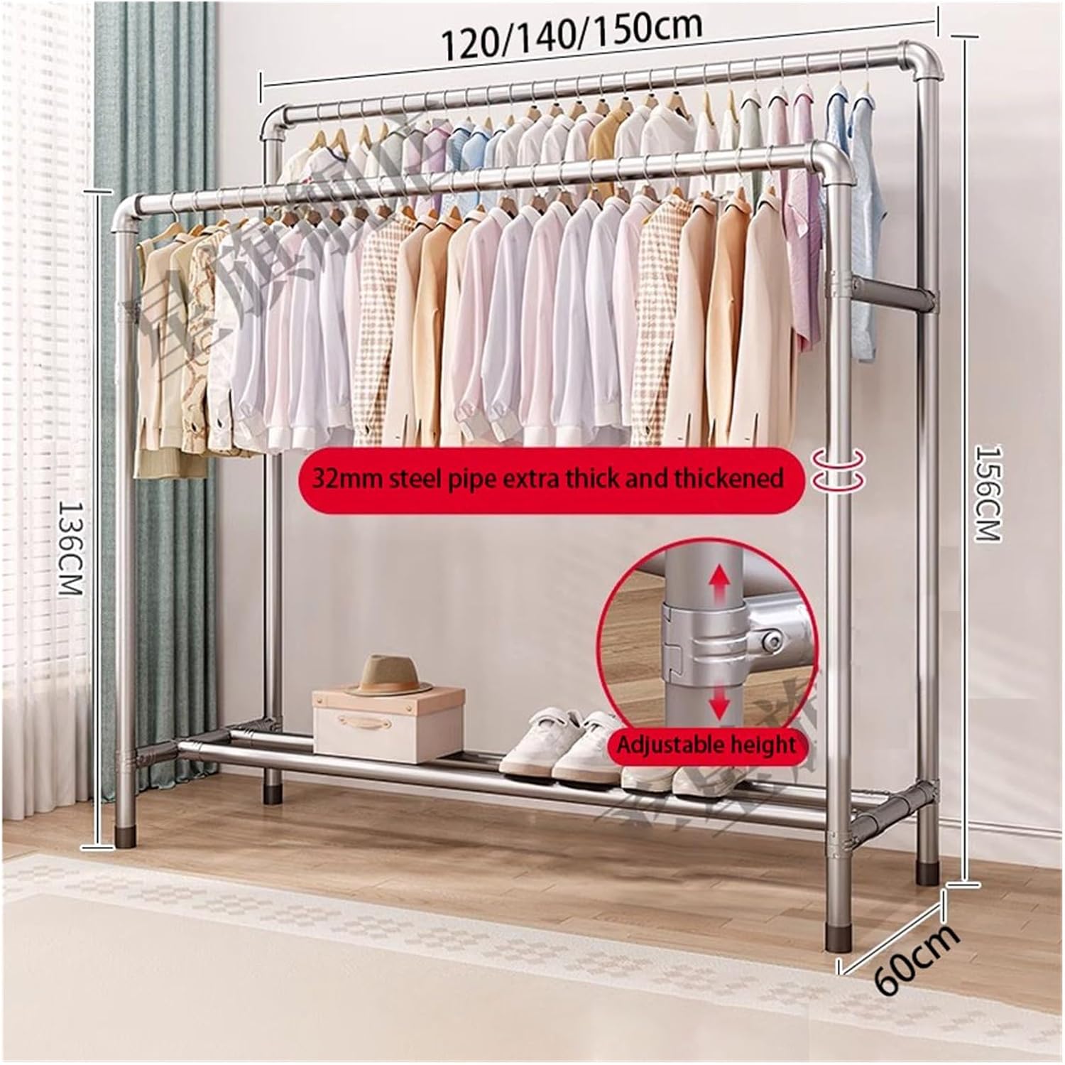 Heavy Duty Clothes Garment Rack, Freestanding Double Rod Clothing Hanger Stand with Storage Display Shelf for Hanging Clothes Boutique Store(Black,120x156cm)
