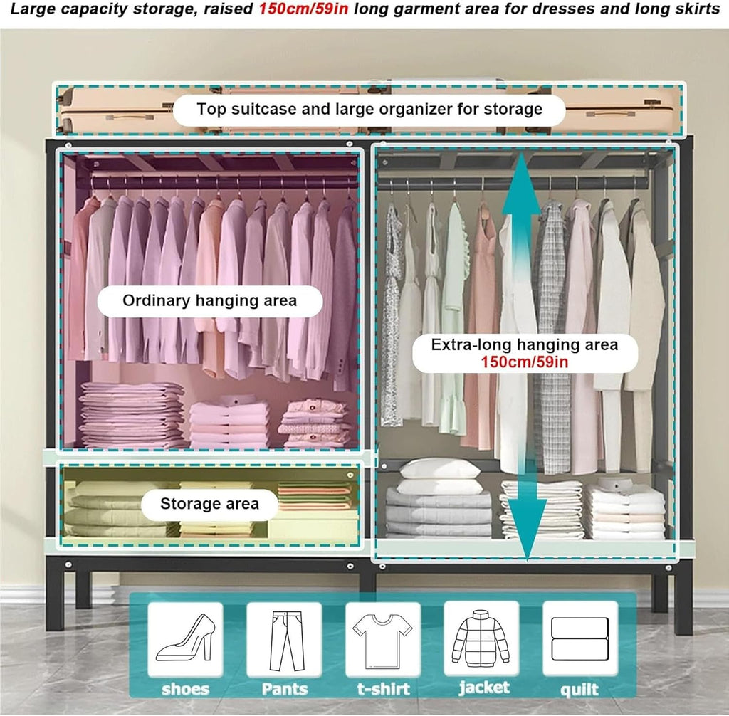 Large Capacity Portable Steel - Foldable Clothe Rack With Cover, Load 2000lbs, Heavy-duty Portable Wardrobe For Bedroom Armoires Freestanding Clothing Coat Storage Rack Rolling Garment Rack ( Color :