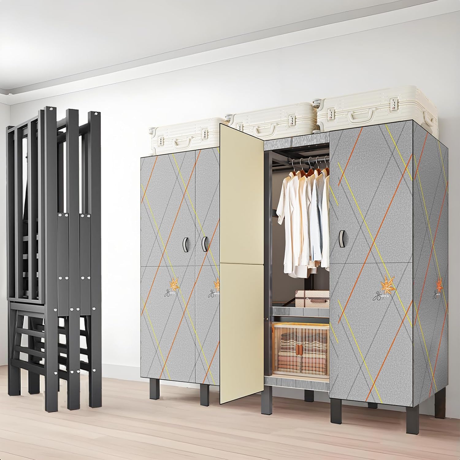 Portable Wardrobe Closet, Heavy Duty Clothing Rack for Hanging Clothes, Metal Clothes Rack with Cover and Hanging Rods, Freestanding Wardrobe Armoire Load 1000 LBS (Door Style 49 inches/125cm)