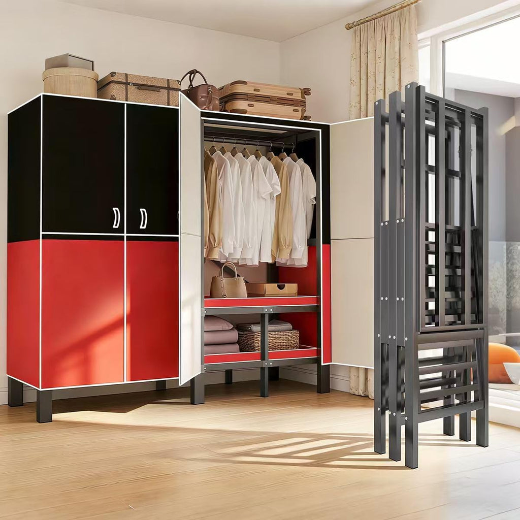 Portable Wardrobe Closet, Heavy Duty Clothing Rack for Hanging Clothes, Metal Clothes Rack with Cover and Hanging Rods, Freestanding Wardrobe Armoire Load 1000 LBS (Red 49 in)