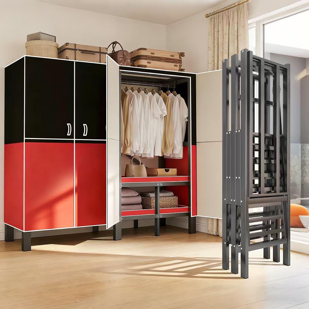 Portable Wardrobe Closet, Heavy Duty Clothing Rack for Hanging Clothes, Metal Clothes Rack with Cover and Hanging Rods, Freestanding Wardrobe Armoire Load 1000 LBS (Red 49 in)