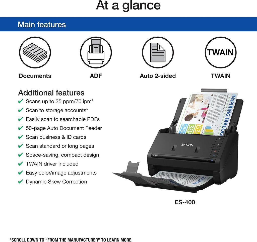 Epson Workforce ES-400 Color Duplex Document Scanner for PC and Mac, Auto Document Feeder (ADF)