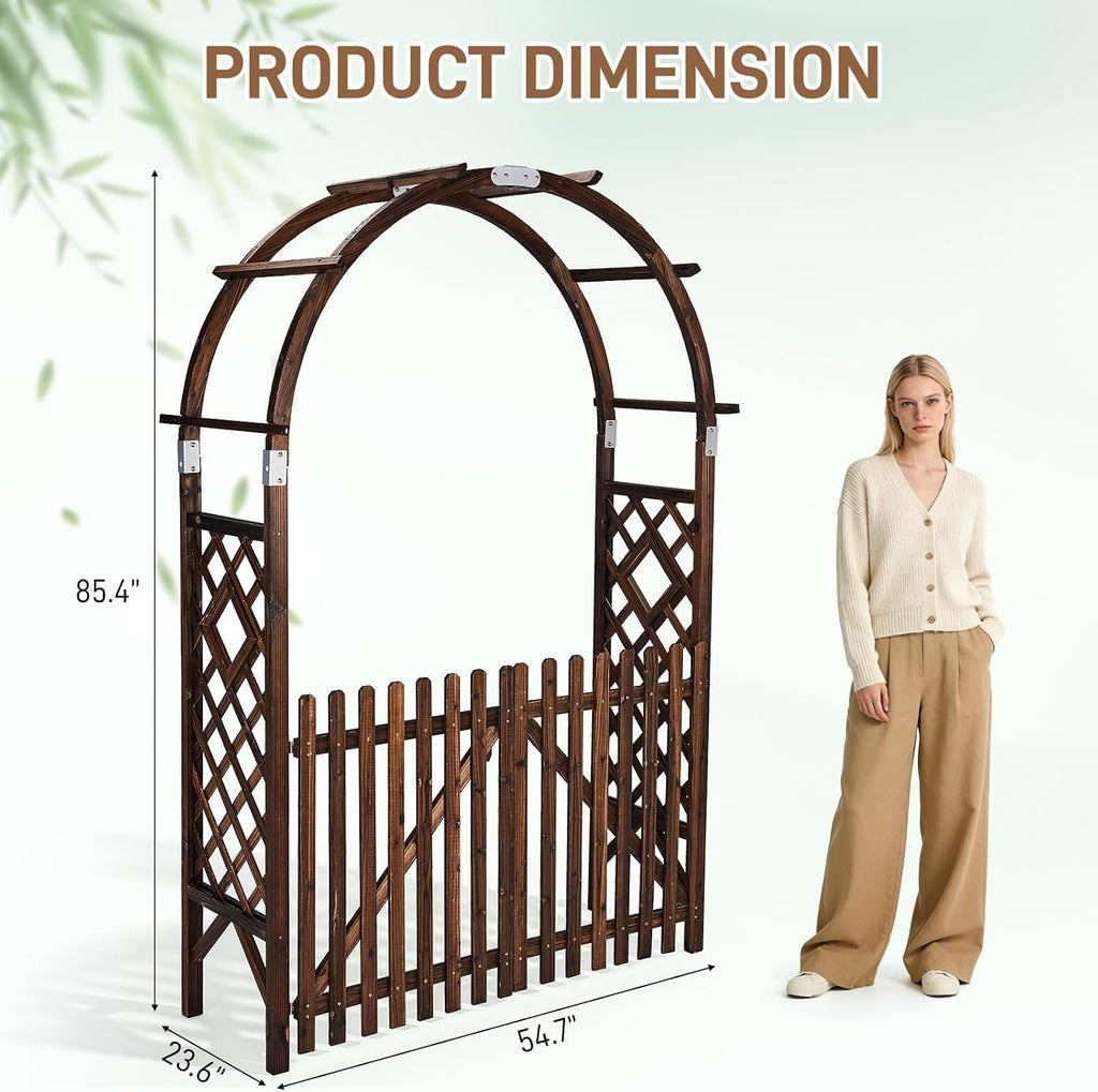 VINGLI Wooden Garden Arbor, Heavy Duty Outdoor Frame Trellis with Gate for Ceremony, Wood Trellis Garden Arch Pergola for Plant Climbing, Patio, Lawn, Wedding