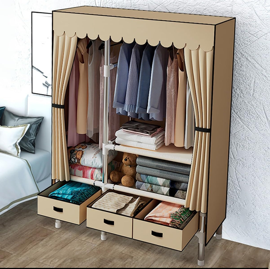 Garment Rack Heavy Duty Clothes Rack with Cover Freestanding Metal Clothing Rack Portable Closet Wardrobe with 2 Hanging Rods and 3 Drawers for Bedroom (Color : Brown, Size : 105x45x168cm)