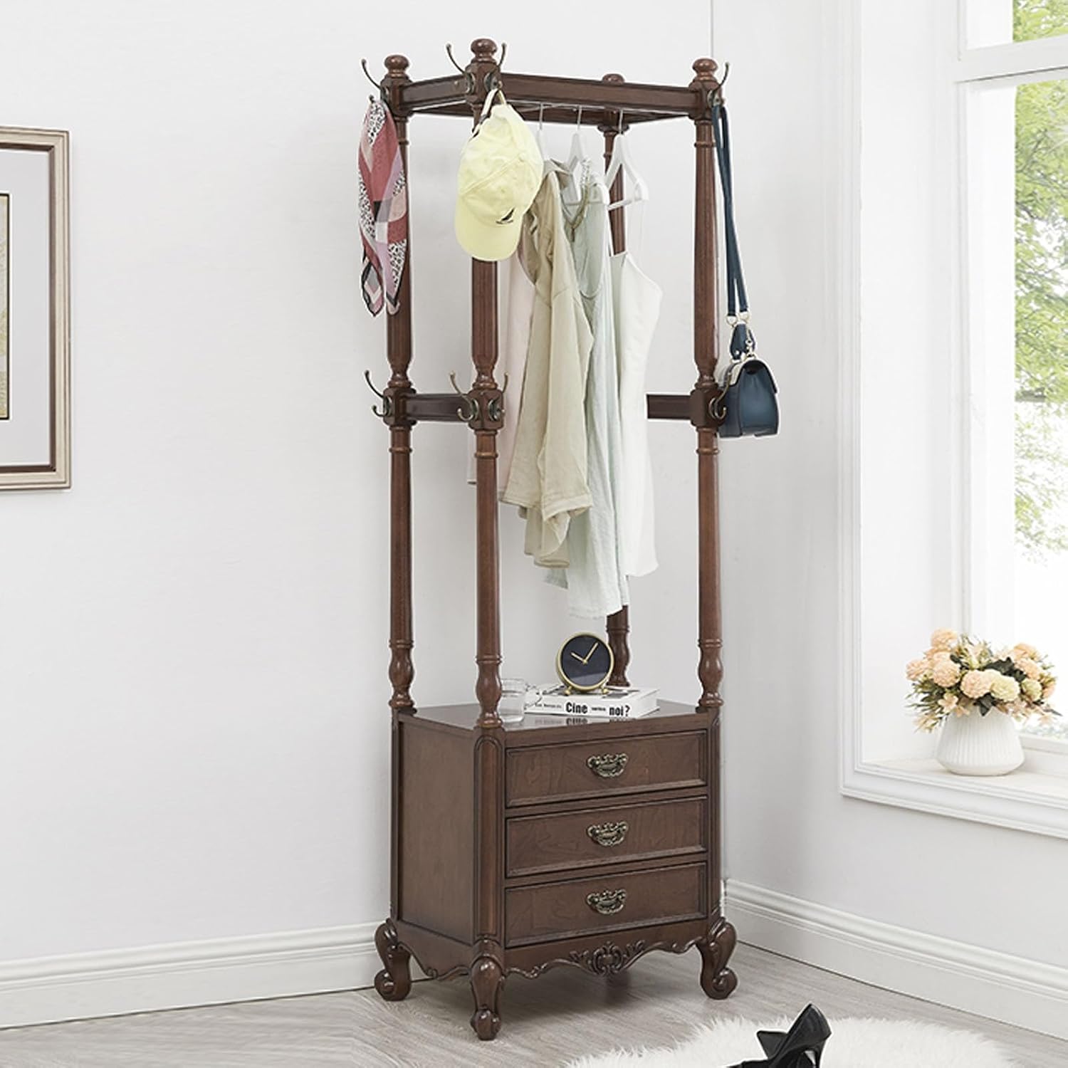 Solid Wood Clothing Racks, with 2 Drawers, Clothes Rack, Hat Storage Stand, Floor-standing Garment Racks, for Hanging Shirts, Jackets, Coat(Natural)