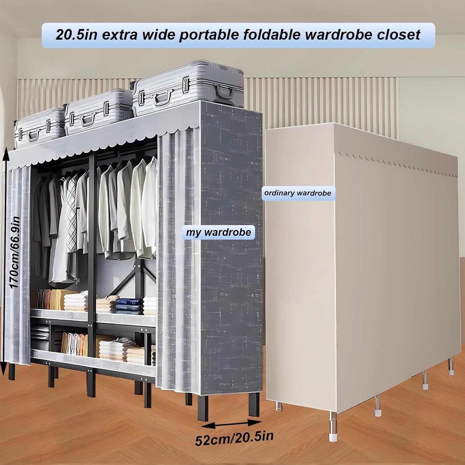 Heavy Duty Foldable Closet Rack With Cover, Large Capacity Portable Wardrobe Closet For Hanging Clothes, Max Load 1200lbs, Metal Freestanding Armoires Wardrobe Hanger Clothes Organizer(203cn/80in)