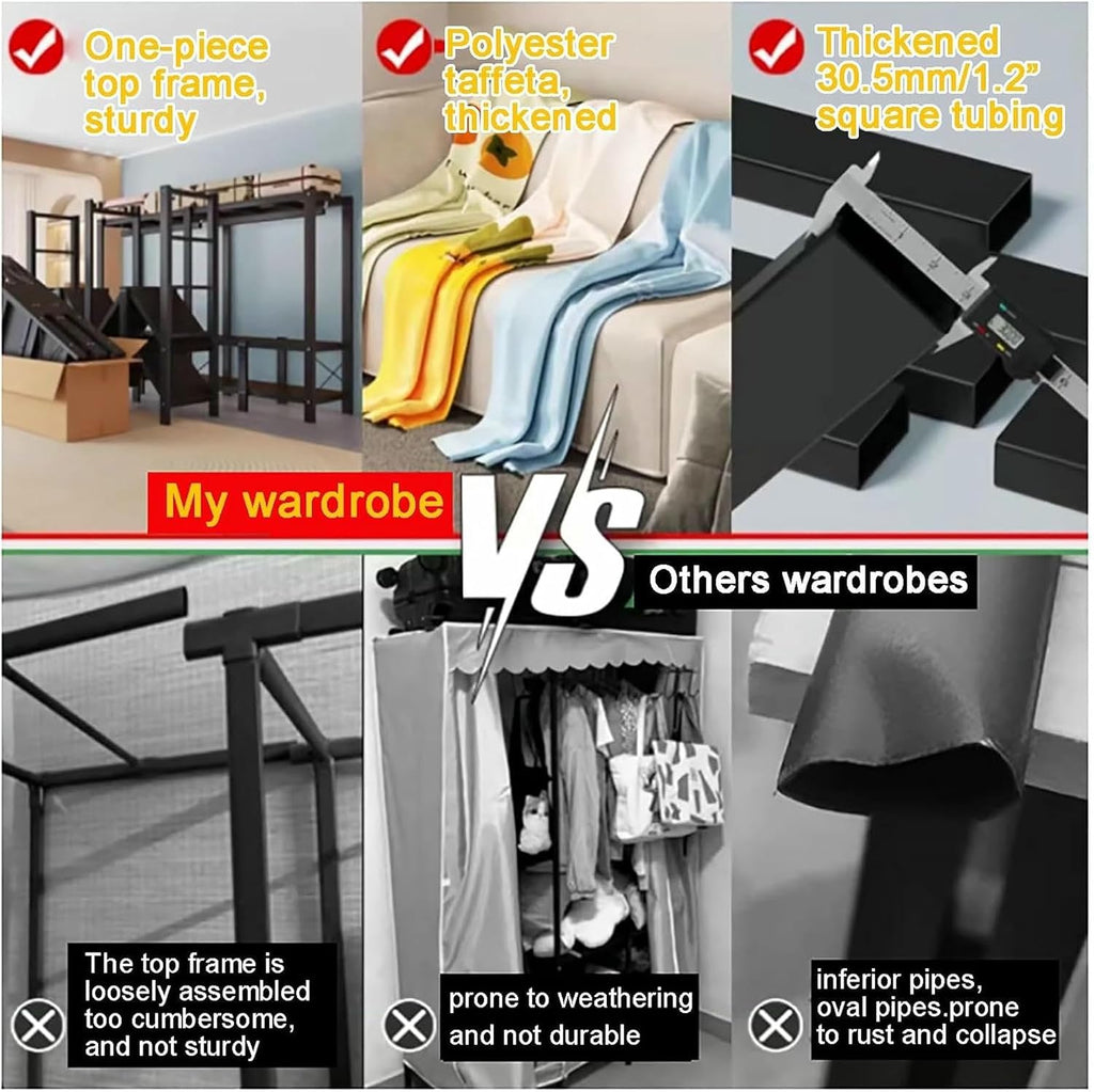Foldable Wardrobe Closet System,Heavy Duty Portable Clothes Rack with Cover, Garment Racks for Bedroom