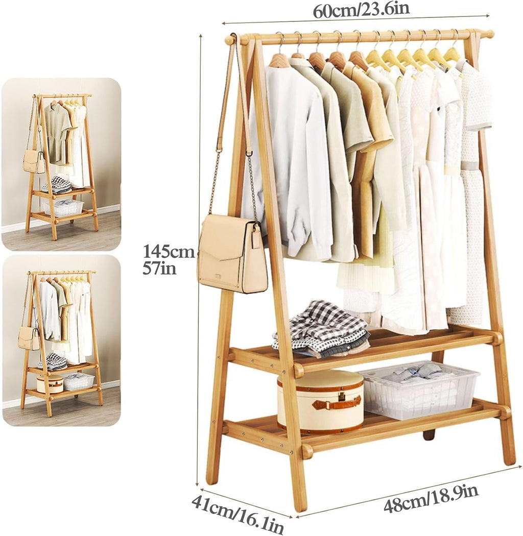 Bamboo Clothing Garment Rack Freestanding, Clothes Organization for Bedroom, Kids Room, Clothes Rail with 2 Shelves, Closet Display Rack(48x41x145cm)