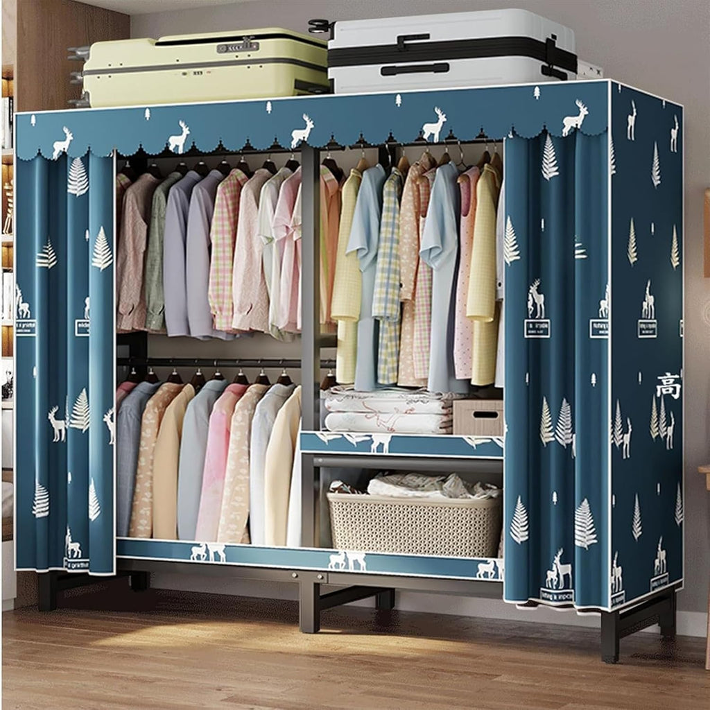 Foldable Installation Free Wardrobe - Load 1500 Lbs Portable Wardrobe Clothing Organizer, Heavy Duty Clothes Freestanding Sturdy Garment Rack, With Hanging Rods, Shelves, Dustproof Cover(Color:B,Size: