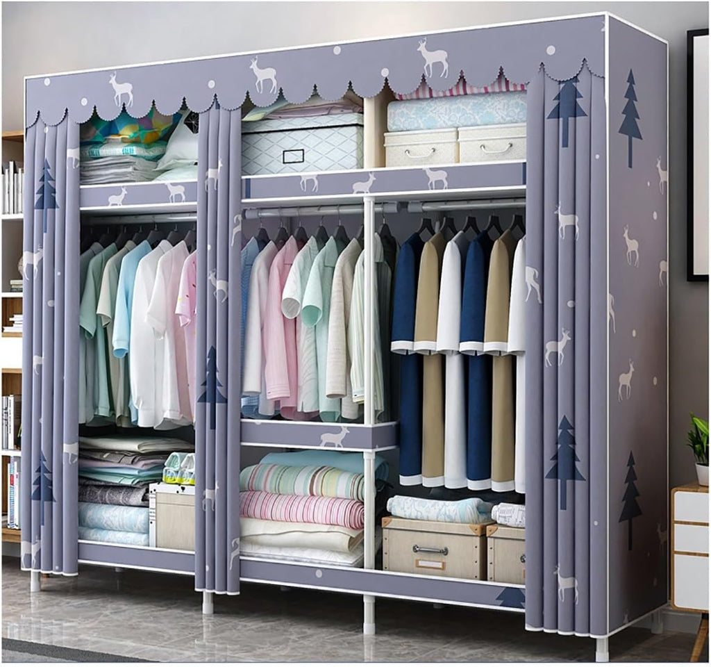 Covered Garment Rack Metal Clothes Rack With Fabric Cover Freestanding Wardrobe Closet With 3 Hanging Rods And 4 Storage Shelves For Bedroom (Color : Purple, Size : 168x45x172cm)