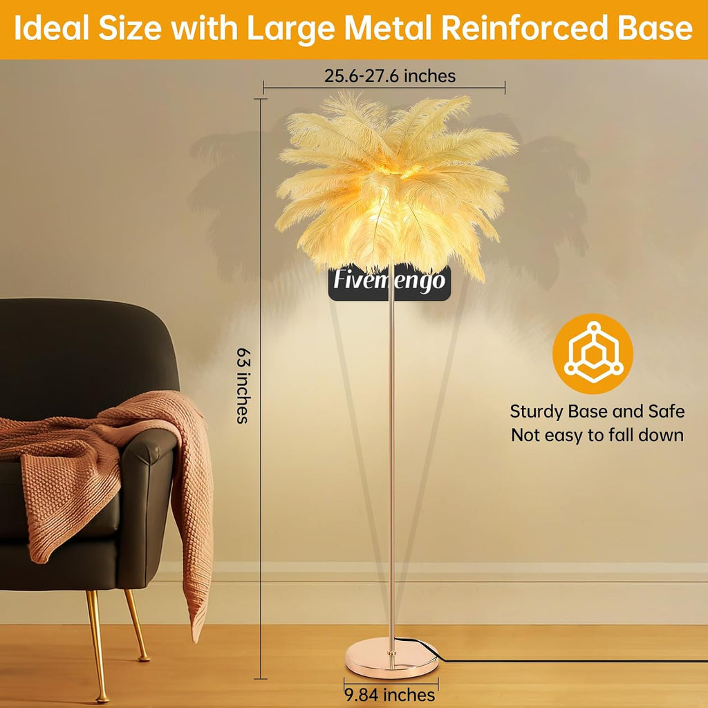 Feather Floor Lamp for Living Room, Fluffy Ostrich Feathers Lamp, Rose Gold Color Body, 3 Color Temperatures Modern Funky Arc Tall Standing Lamp for Bedroom Inclued Bright LED Bulbs (Camel)