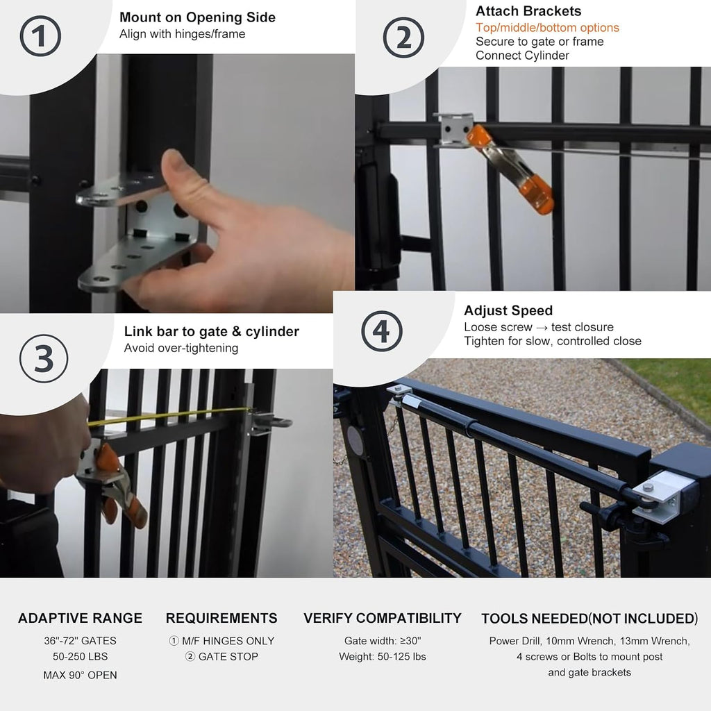 TB600 Outdoor Heavy Duty Gate Closer for 150 to 250 Pounds – Upgraded Hydraulic Gate Closer, Fits 48–78 Inch Gates – Ideal for Farm, Backyard, Pool, and Property Fencing (Black)