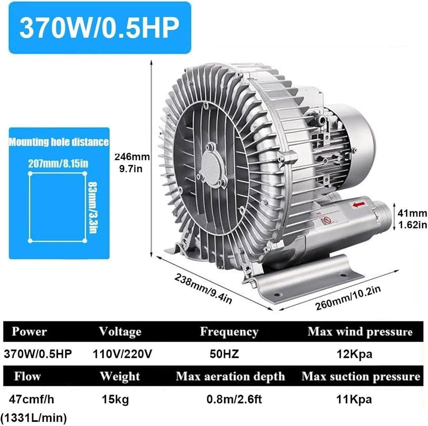 High-Pressure Industrial Vacuum Pump, Regenerative Blower 120W-1100W for Air Blowing or Suction, Low Noise Sewage Aeration Vortex Blower, Single Phase