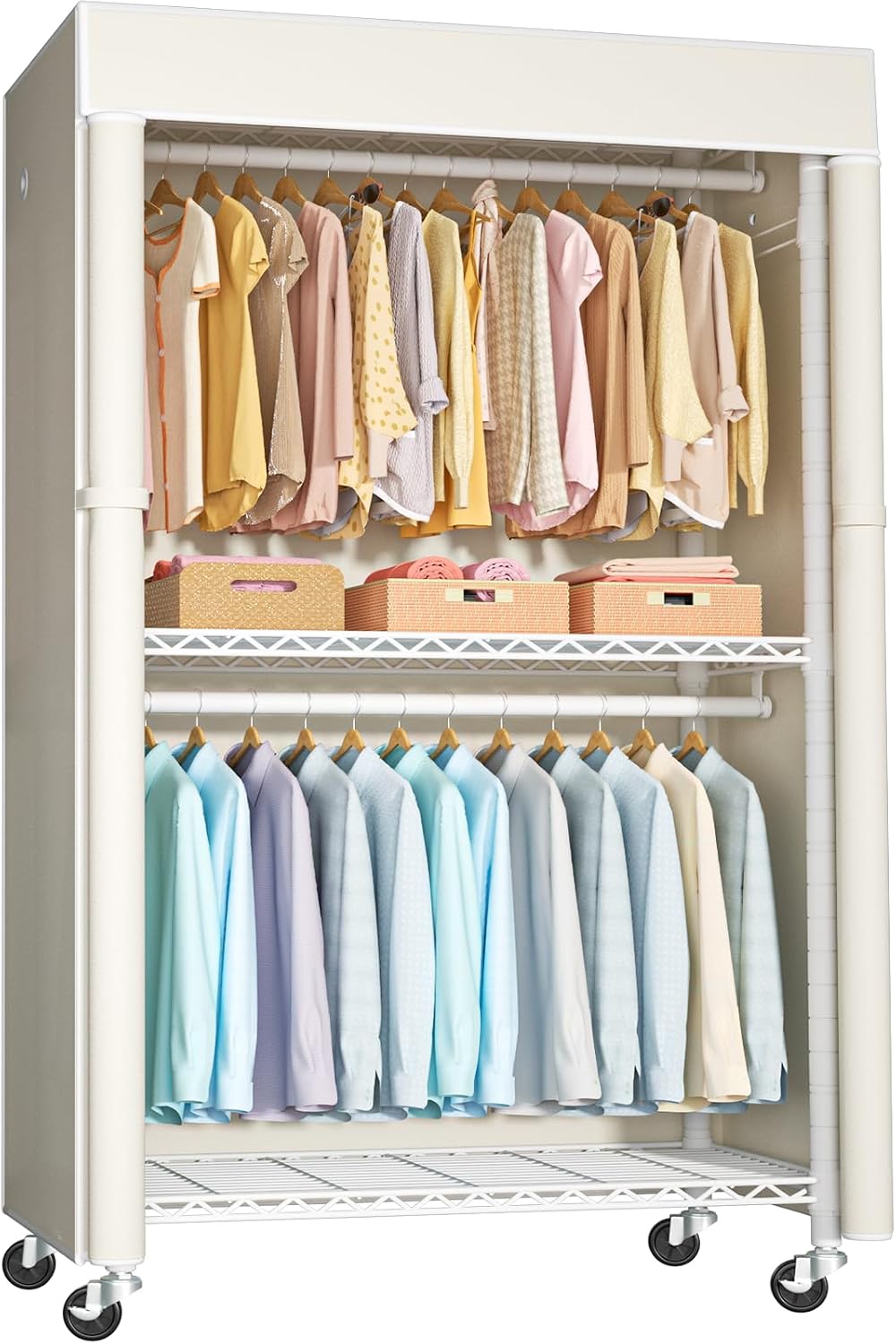 FUTASSI White Clothing Rack with Beige Cover, P1C Rolling Closets with Wheels, Metal Garment Rack for Hanging Clothes, Clothing Storage Wardrobe, 36.2' W x 16.5' D x 80.5' H, Load 450 Pounds