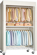 FUTASSI White Clothing Rack with Beige Cover, P1C Rolling Closets with Wheels, Metal Garment Rack for Hanging Clothes, Clothing Storage Wardrobe, 36.2' W x 16.5' D x 80.5' H, Load 450 Pounds