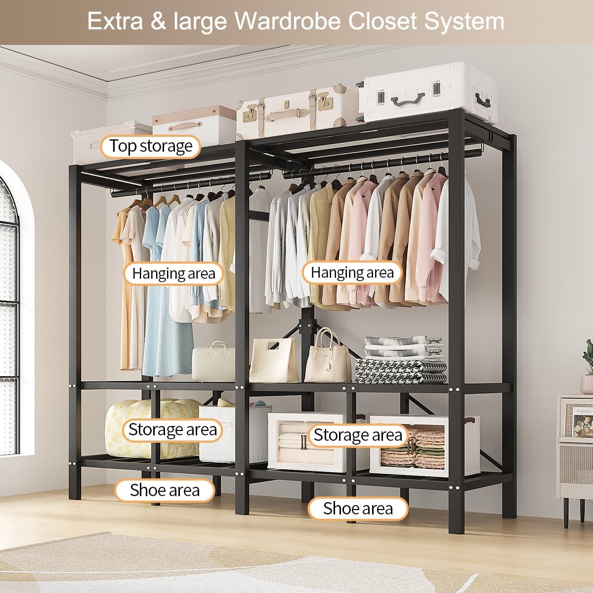 Portable Wardrobe Closet, Heavy Duty Clothing Rack for Hanging Clothes, Metal Clothes Rack with Cover and Hanging Rods, Freestanding Wardrobe Armoire Load 1000 LBS (Sky 49)