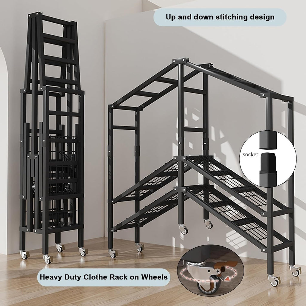 Heavy Duty Clothe Rack with Cover Load 1200lbs Foldable Portable Wardrobe Closets for Hanging Clothes Freestanding Clothing Garment Rack, Wardrobe Clothes Organizer(150cm(Wheel))