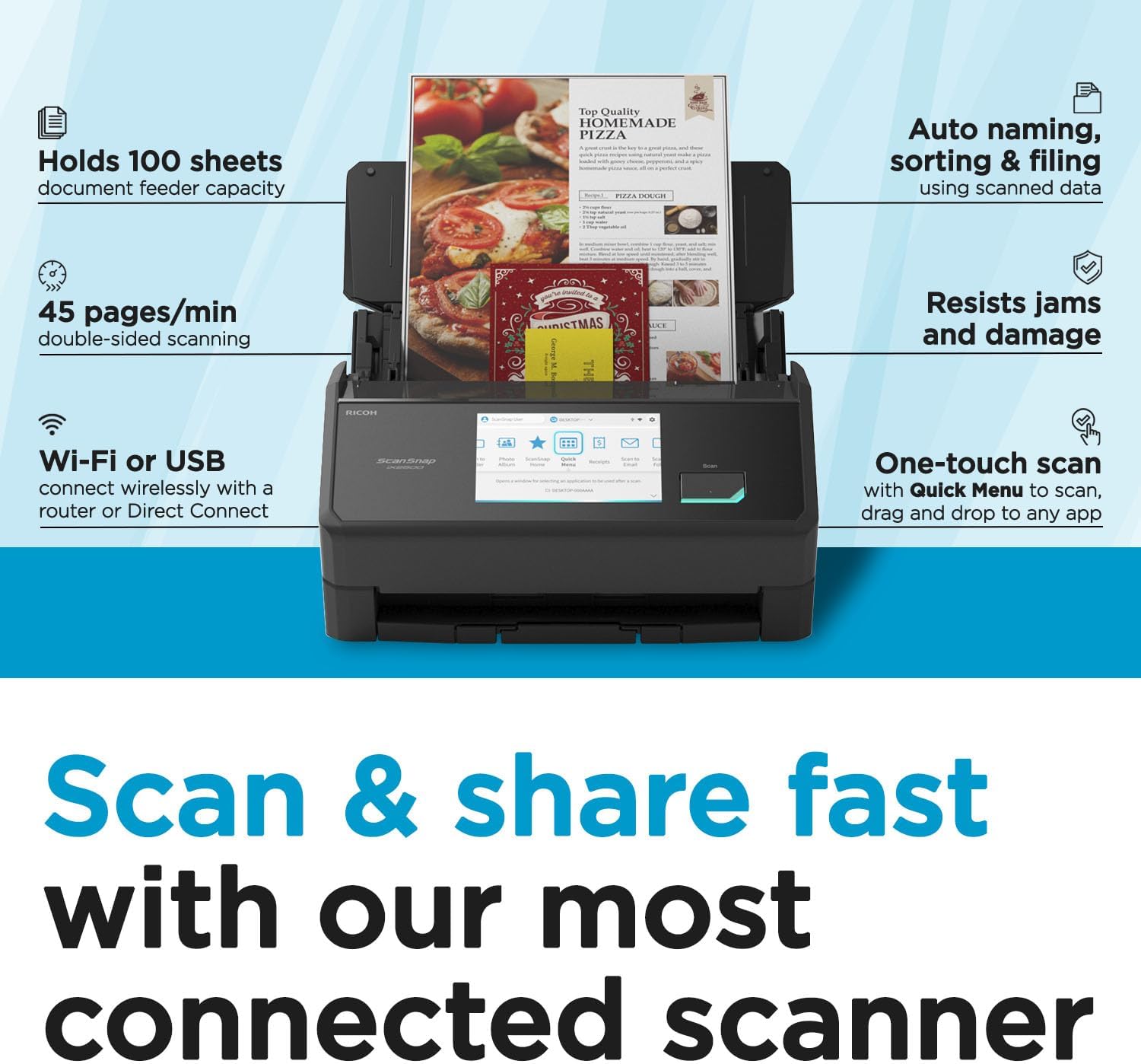 ScanSnap iX2500 Wireless or USB High-Speed Cloud Enabled Document, Photo & Receipt Scanner with Large 5' Touchscreen and 100 Page Auto Document Feeder for Mac or PC, Black