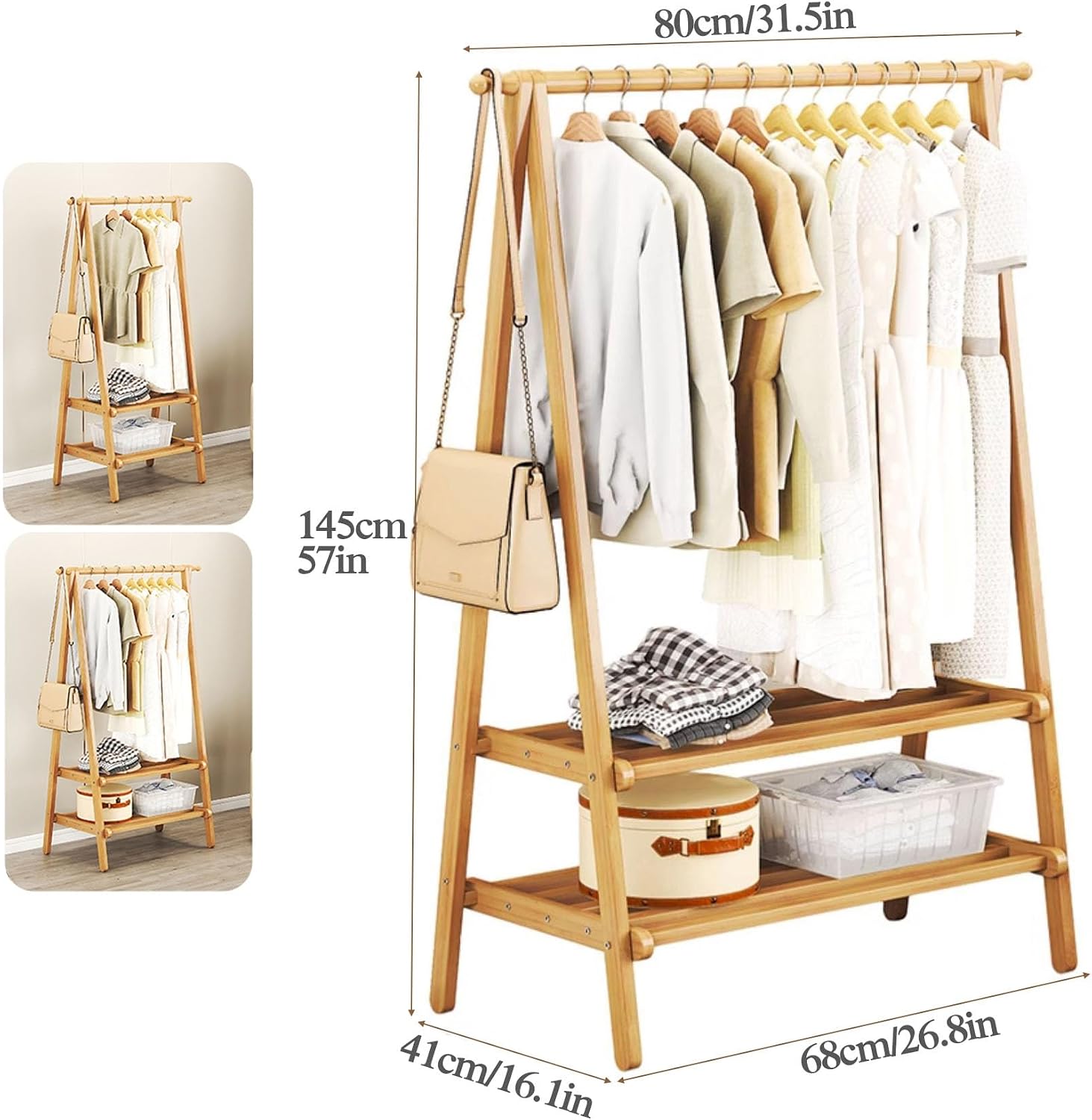 Bamboo Clothing Garment Rack Freestanding, Clothes Organization for Bedroom, Kids Room, Clothes Rail with 2 Shelves, Closet Display Rack(68x41x145cm)