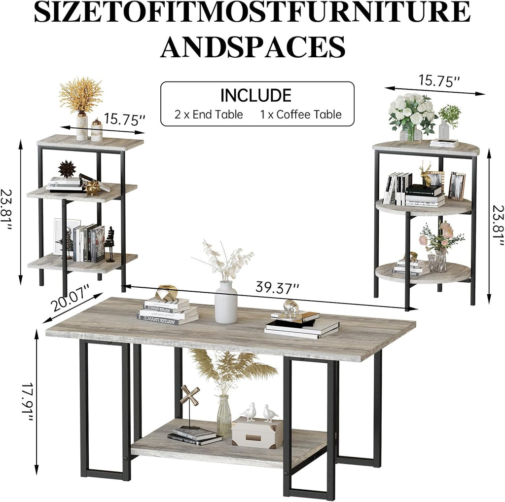 AWQM Faux Marble Table Set, Coffee Table & 2 Side Table, Faux Marble Tabletop and Metal Frame, 3 PieceTable Sets, for Living Room Apartment, Grey