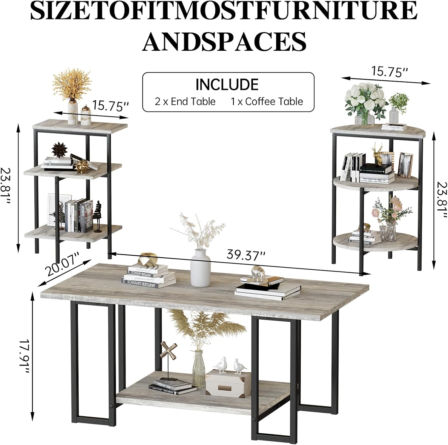 AWQM Faux Marble Table Set, Coffee Table & 2 Side Table, Faux Marble Tabletop and Metal Frame, 3 PieceTable Sets, for Living Room Apartment, Grey