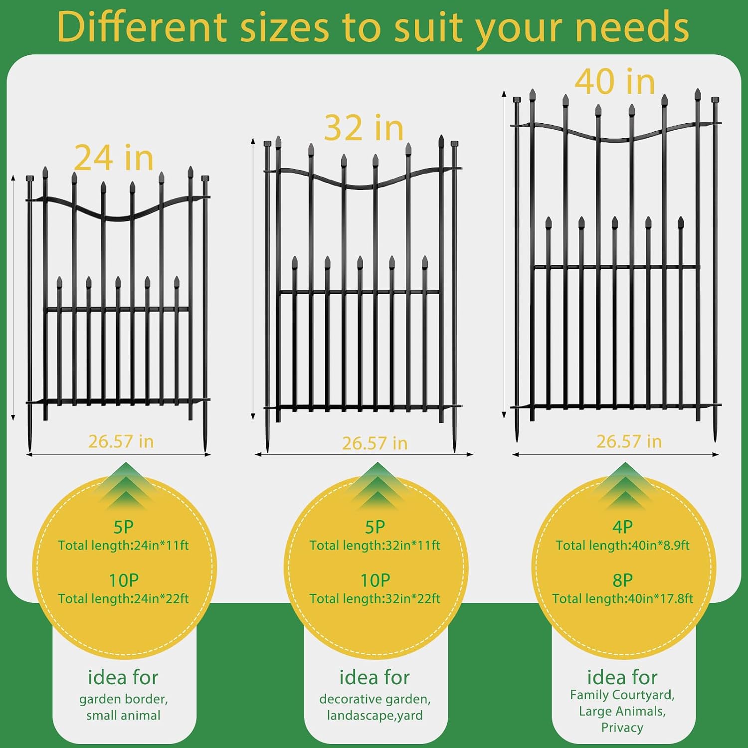 10 Panels No Dig Decorative Garden Fence, 32in(H)×22ft(L) Heavy-Duty Rustproof Metal Panels, Outdoor Dog Barrier for Yard & Patio, Landscape, Border| Portable Temporary Fencing