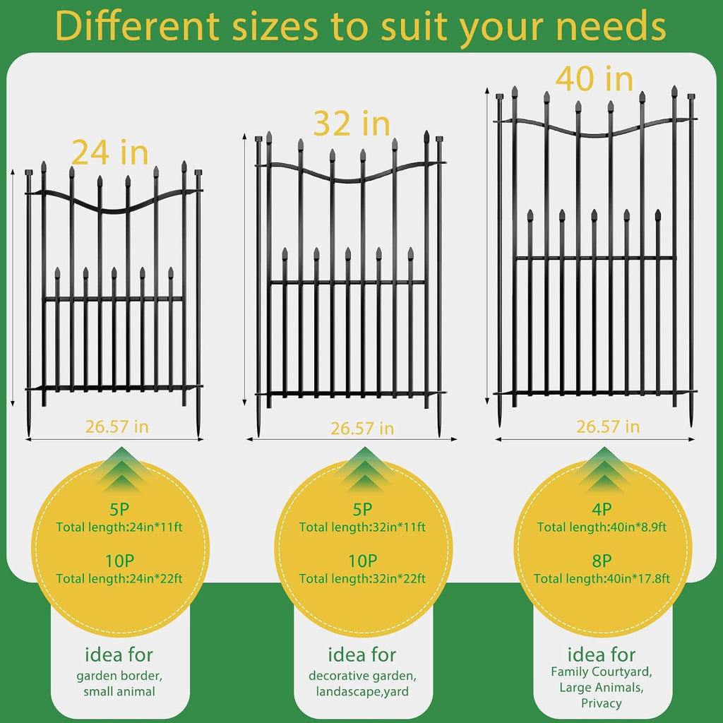 10 Panels No Dig Decorative Garden Fence with Gate, 32in(H) × 22ft(L) Heavy-Duty Rustproof Metal Panels, Outdoor Dog Barrier for Yard & Patio, Landscape, Border| Portable Temporary Fencing