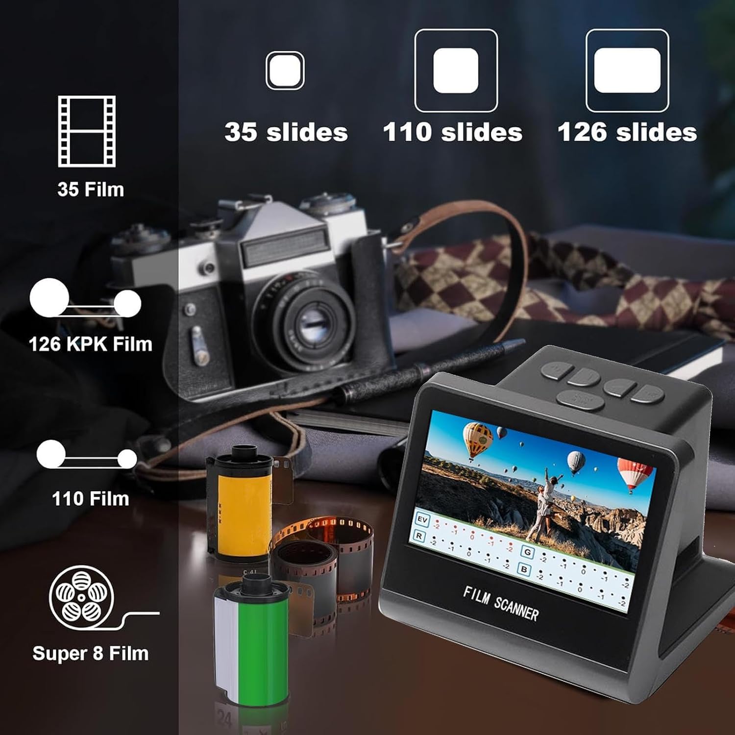 Film and Slide Scanner Digitizer with 5' LCD Screen, Negative Scanners for Old Pictures to Digital 22MP JPEG Fast, Compatible with 35, 126, 110 Film and Slides