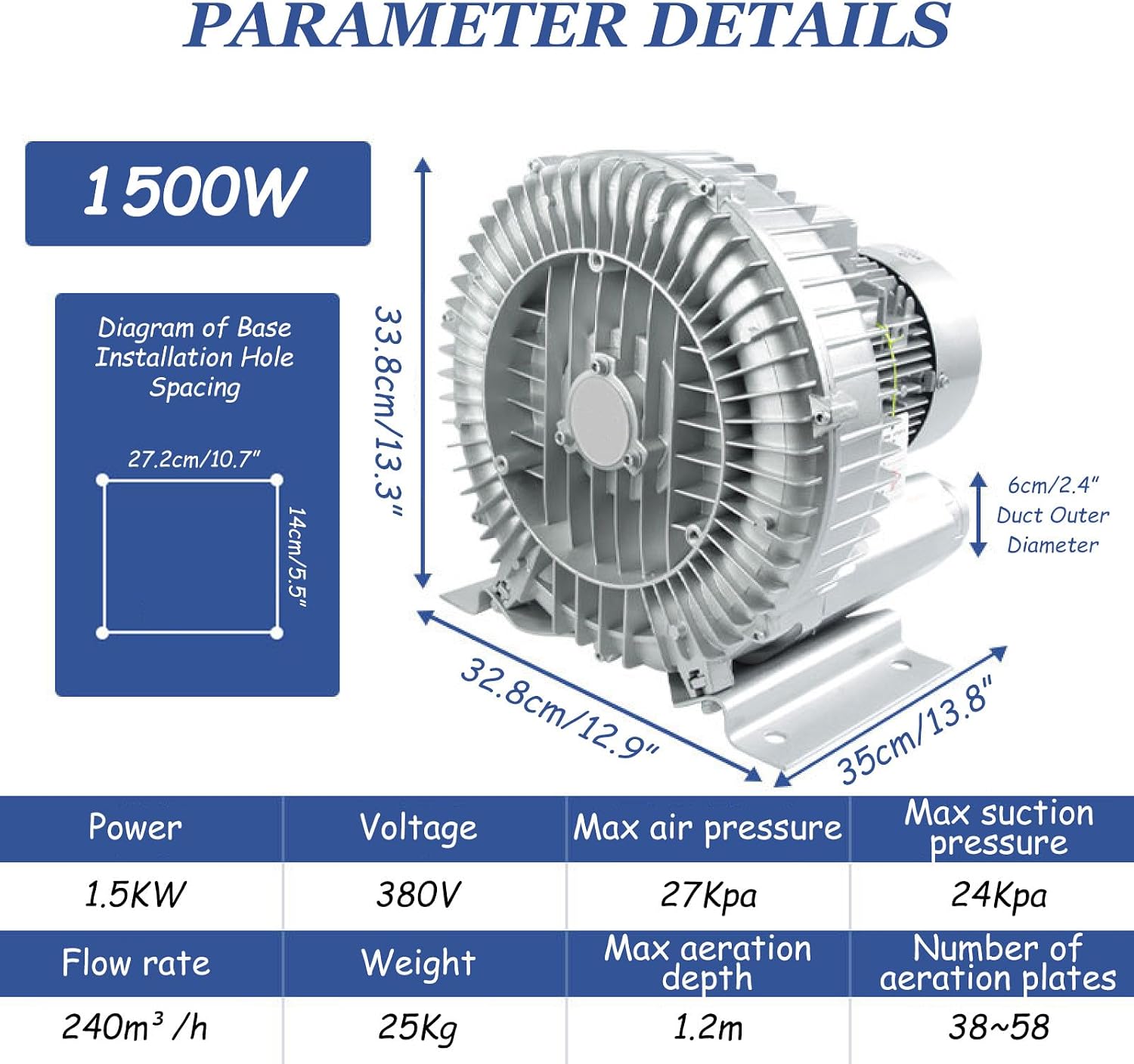 Regenerative Blower 370/550/750/1100/1500W Three Phase, Aluminum Alloy Vortex Ring Blower, Industrial Vacuum Pump for Air Blowing,1.5KW