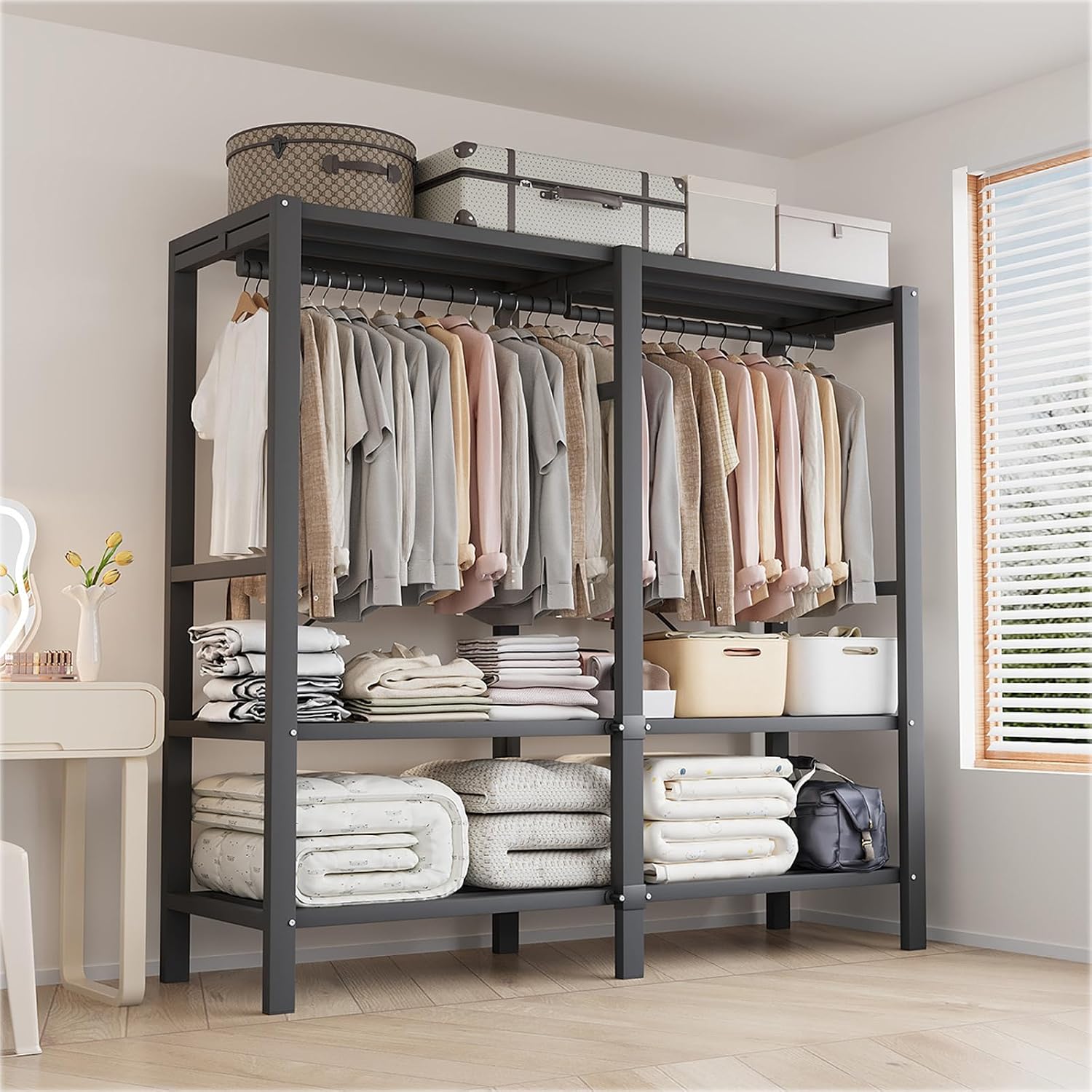 Foldable Portable Wardrobe On Wheels, Freestanding Garment Rack, with Magnetic Door 2000lbs, Heavy Duty Clothes Rack, for Bedroom Closet Systems (Gray Blue, 125CM-49.2IN)