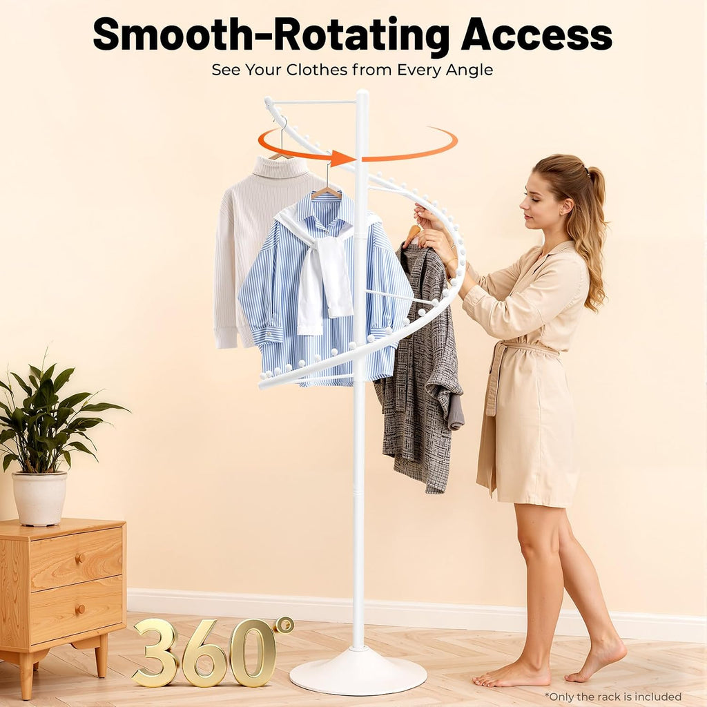 Spiral Rotating Clothing Rack, 360° Spiral Retail Round Garment Rack with 38 Ball, 71inch Freestanding Metal Hanging Clothing Display Stand for Bedroom Living Rooms Stores, White
