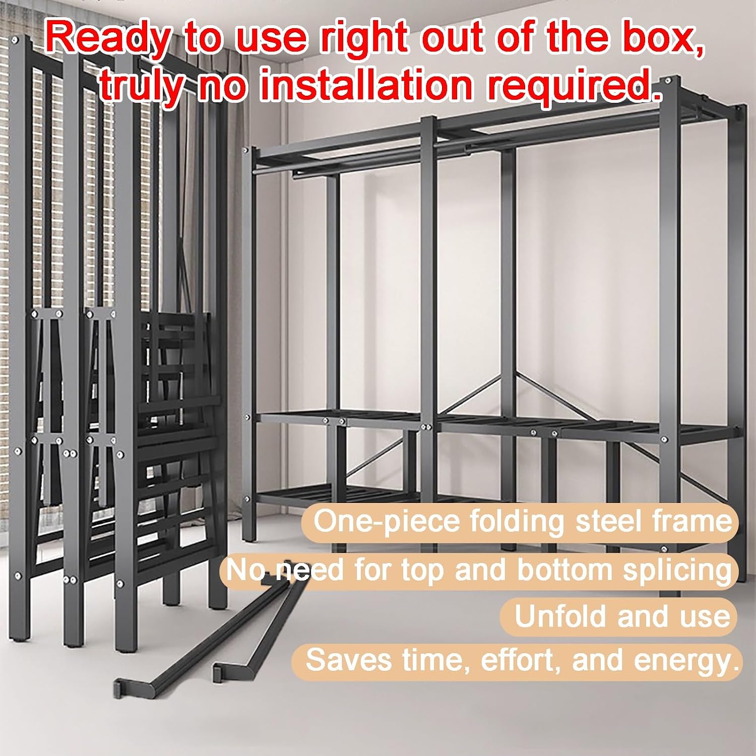 Portable Wardrobe Closet Rack,Heavy-Duty Foldable Garment Rack with Cover, Freestanding Clothes Organizer System,Enclosed Curtain Armoires for Bedroom(A,125cm/49in)