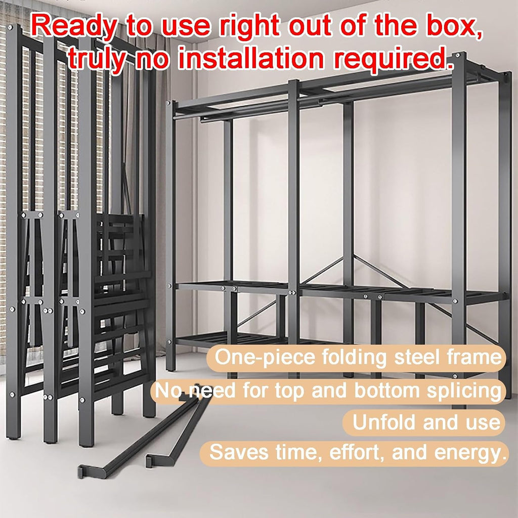 Portable Wardrobe Closet Rack,Heavy-Duty Foldable Garment Rack with Cover, Freestanding Clothes Organizer System,Enclosed Curtain Armoires for Bedroom(A,180cm/71in)