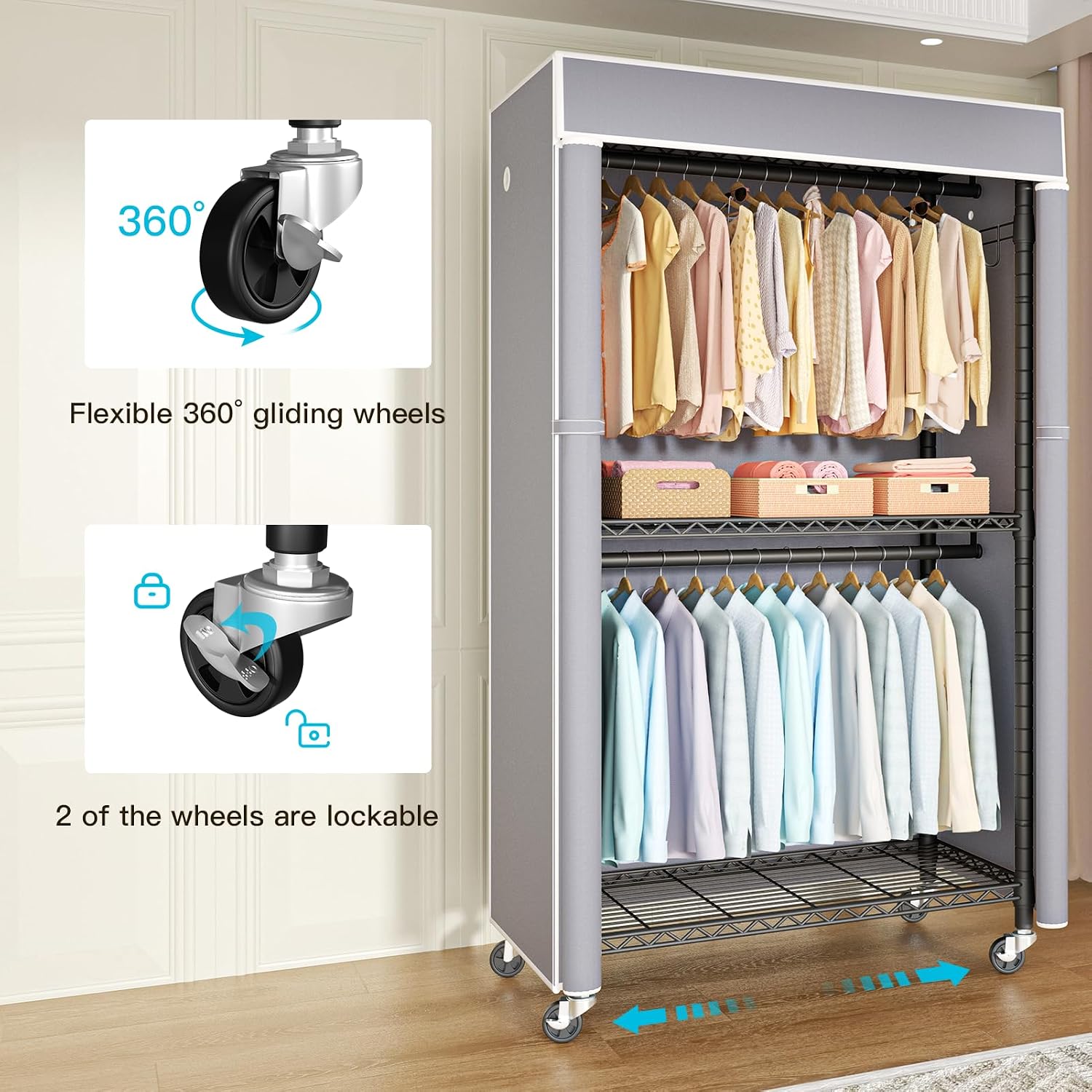 FUTASSI Black Clothing Rack with Grey Cover, P1C Rolling Closets with Wheels, Metal Garment Rack for Hanging Clothes, Clothing Storage Wardrobe, 36.2' W x 16.5' D x 80.5' H, Load 450 Pounds