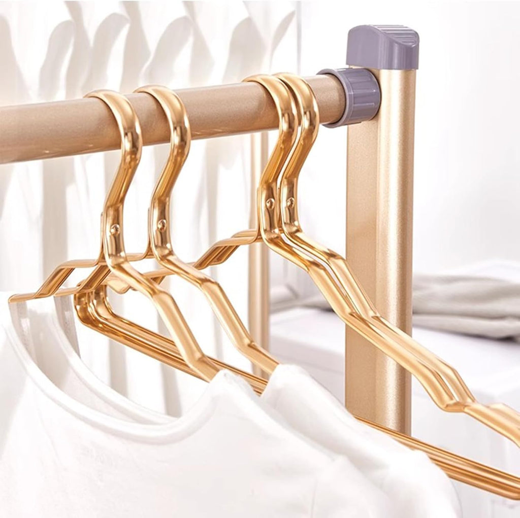 Heavy Duty Garment Rack Single Rail Clothing Rack On Wheels Aluminum Alloy Clothes Rail with Shelves Freestanding Coat Rack for Bedroom and Laundry Room Portable (Gold 90X45X157CM)
