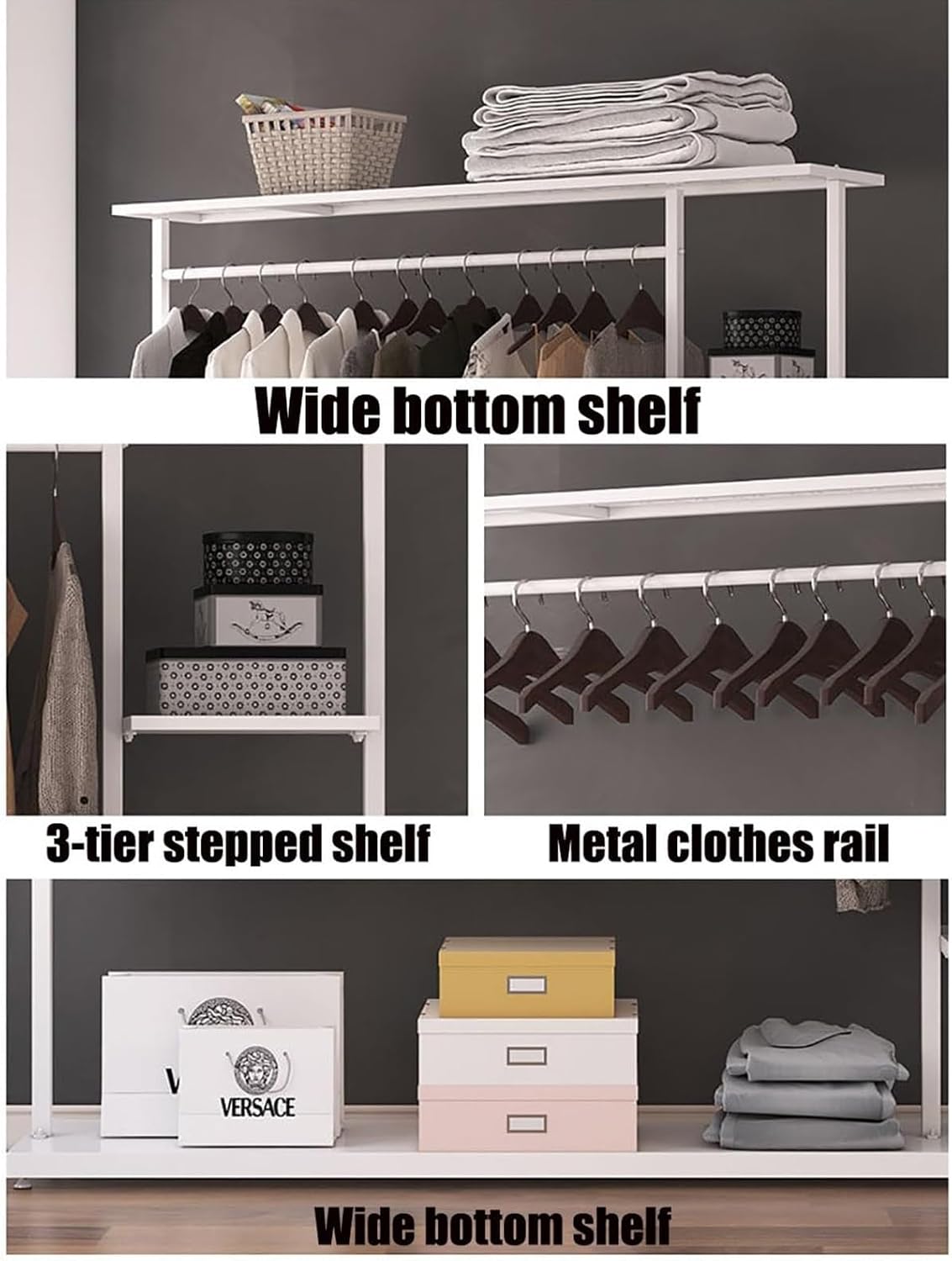 Hangers Display Stand - Garment Rack with Shelf, Metal Clothing Rack Free Standing Closet Organizer with 5 Tier Shelf,Large Clothing Display Stand for Home, Clothing Stor(A3