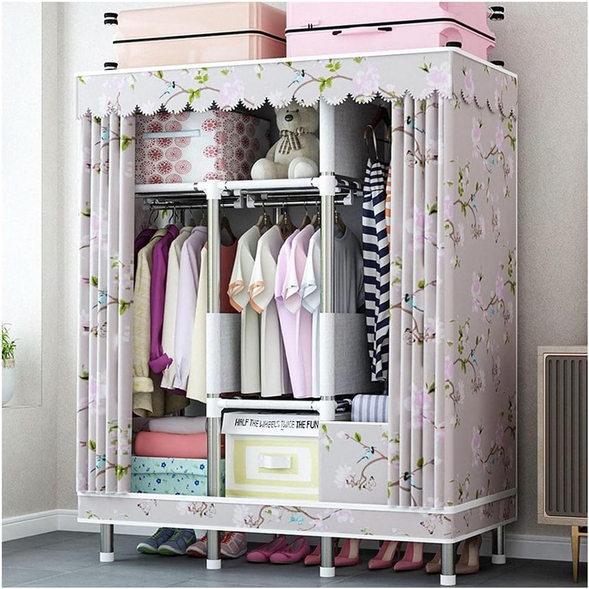 Covered Garment Rack Metal Clothes Rack with Cover Freestanding Wardrobe Closet for Bedroom Clothing Rack with 3 Hanging Rod and Shelves (Color : Flower, Size : 125x45x172cm)