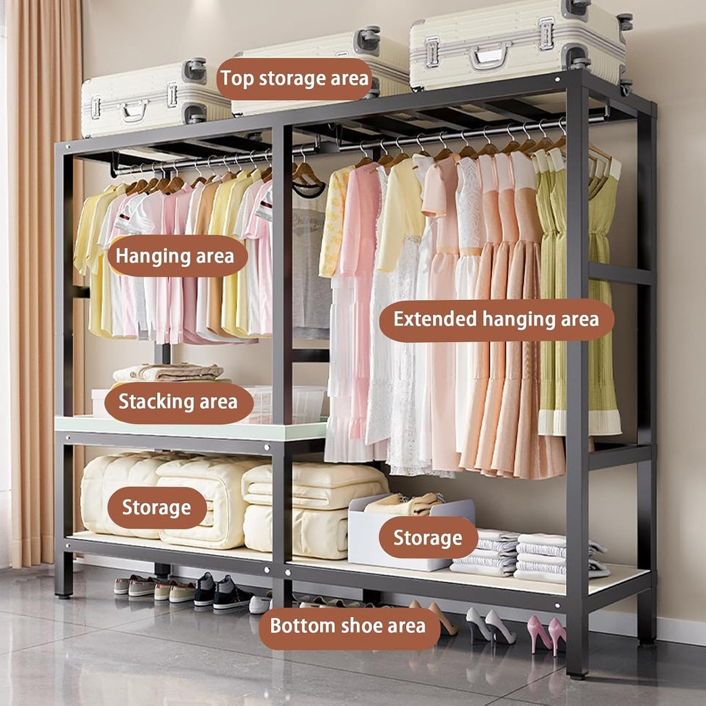Heavy Duty Rolling Garment Rack With Cover Foldable Clothe Rack Portable Wardrobe Closet For Bedroom Armoires Freestanding Clothing Coat Storage Rack Garment Rack For Hanging Clothes(150cm/59in)