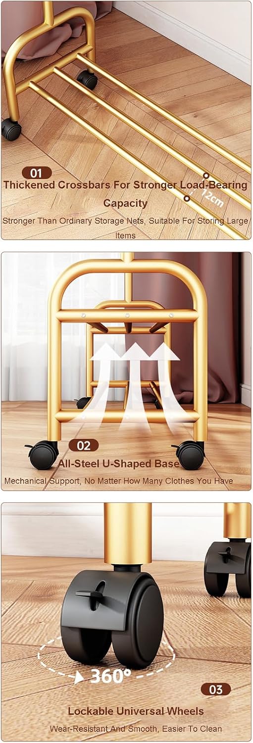 Heavy Duty Clothing Rack w/Wheels & 7 Side Hooks Metal Clothes Rack w/Double Layer Shoe Rack Rolling Garment Rack for Hanging Clothes Coats Shirts