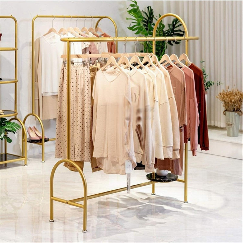 Creative Display Stand,Double-Rod Garment Rack with Marble Storage Rack,Freestanding Coat Pipe Shelf for Coats,Shirts,Dresses in Women's Clothes Store,Gold