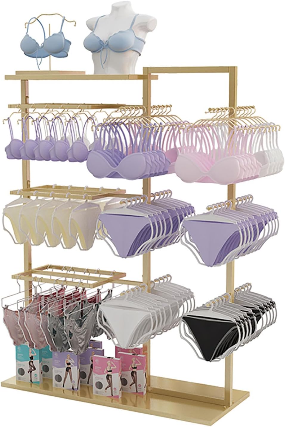 Underwear Display Stands, Freestanding Clothing Store Boutiques Retail Lingerie Garment Rack, Coat Rack Stand Commercial Shelves for Socks Bra Panties Scarves STO(Gold