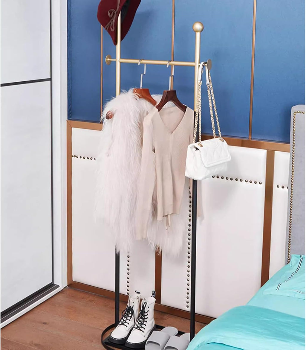 Heavy Duty Coat Rack, Garment Rack Freestanding Coat Rack with Shelves and 2 Hooks, 3-in-1 Metal Clothing Rack for Hanging Clothes, Space Saving Clothes Organizer for Hallway (Gold Black)