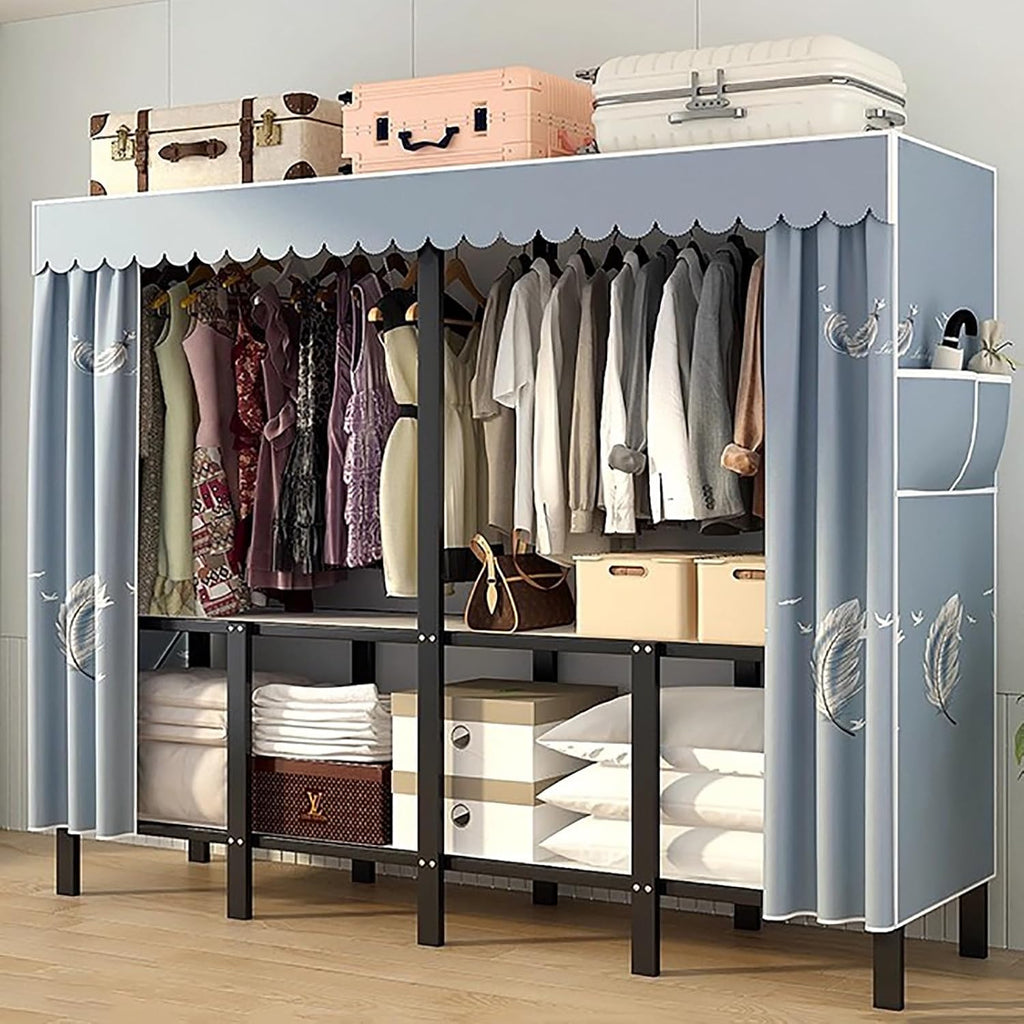 Portable Wardrobe Closet Storage Organizer for Bedroom, Folding Garment Rack, 23MM Thick Steel Hanging Rack with Polyester/Cotton Fabric Cover Blue(168 * 45 * 170cm)