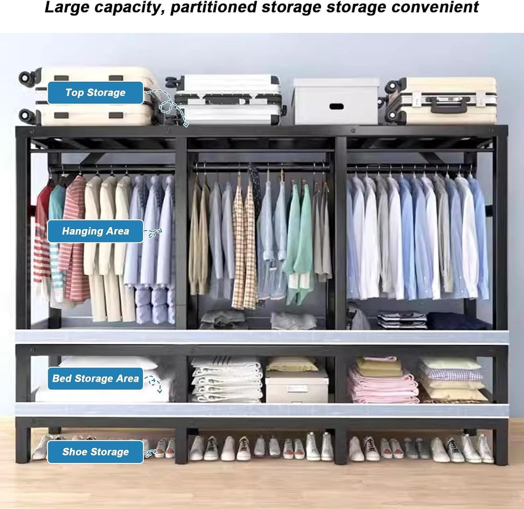 Large Capacity Wardrobe Rack - Rolling Foldable Garment Rack With Cover And Wheels, 1500 Lbs Heavy-Duty Portable Wardrobe Freestanding Clothes Organizer System For Bedroom Living Room Office ( Size :