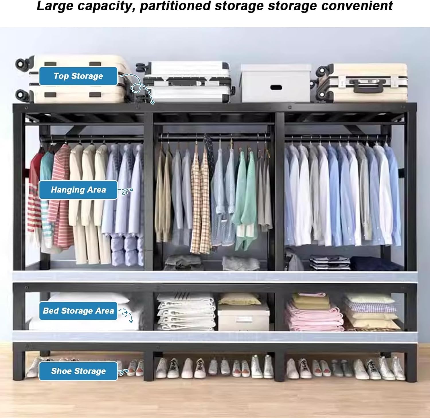 Large Capacity Wardrobe Rack - Rolling Foldable Garment Rack With Cover And Wheels, 1500 Lbs Heavy-Duty Portable Wardrobe Freestanding Clothes Organizer System For Bedroom Living Room Office ( Size :