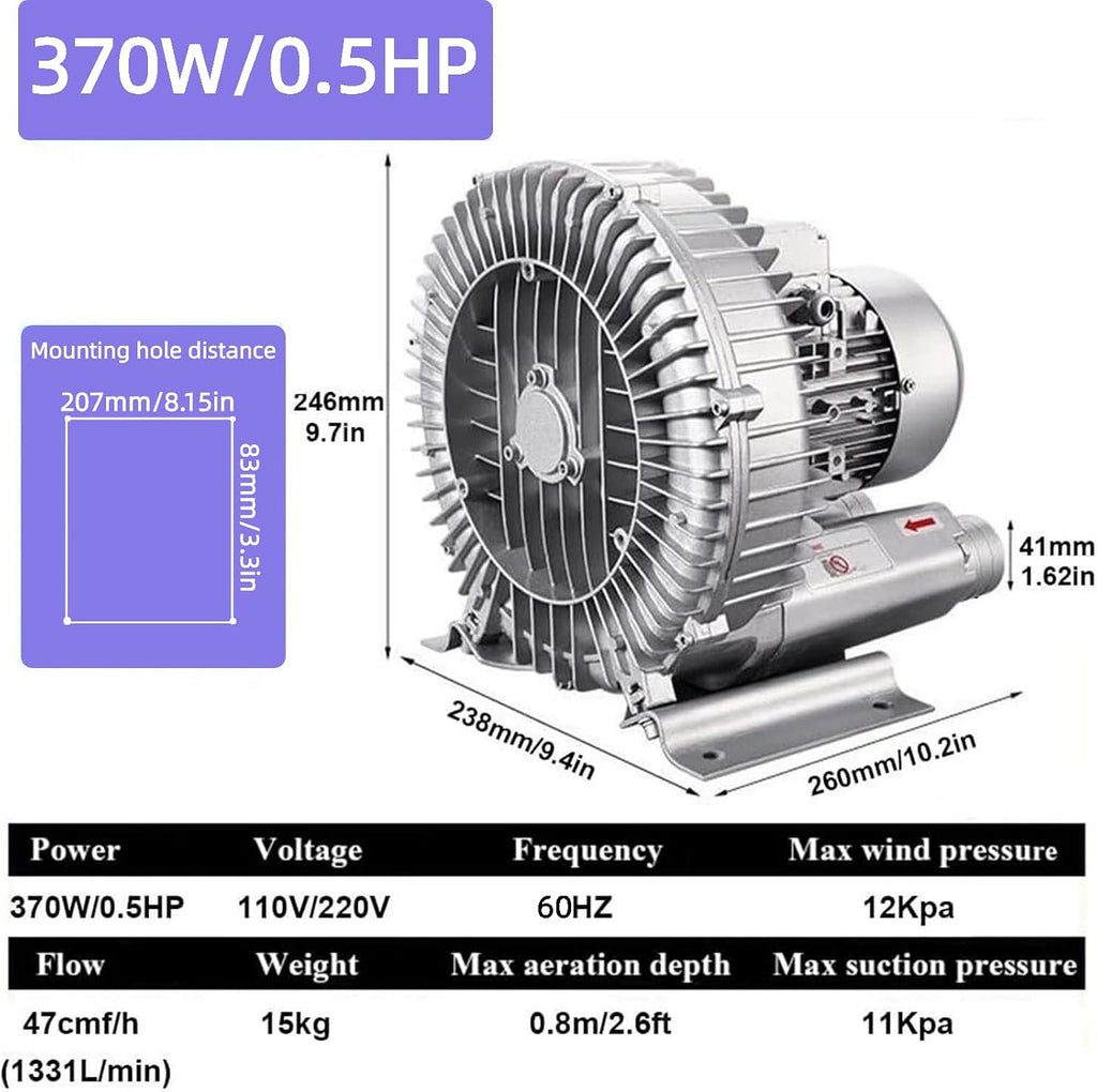 Vortex Ring Blower, 110V 60Hz Regenerative Blower, High Pressure Industrial Vacuum Pump, Single Phase Fish Pond Air Blower for Blowing or Suction, 250W 0.33HP