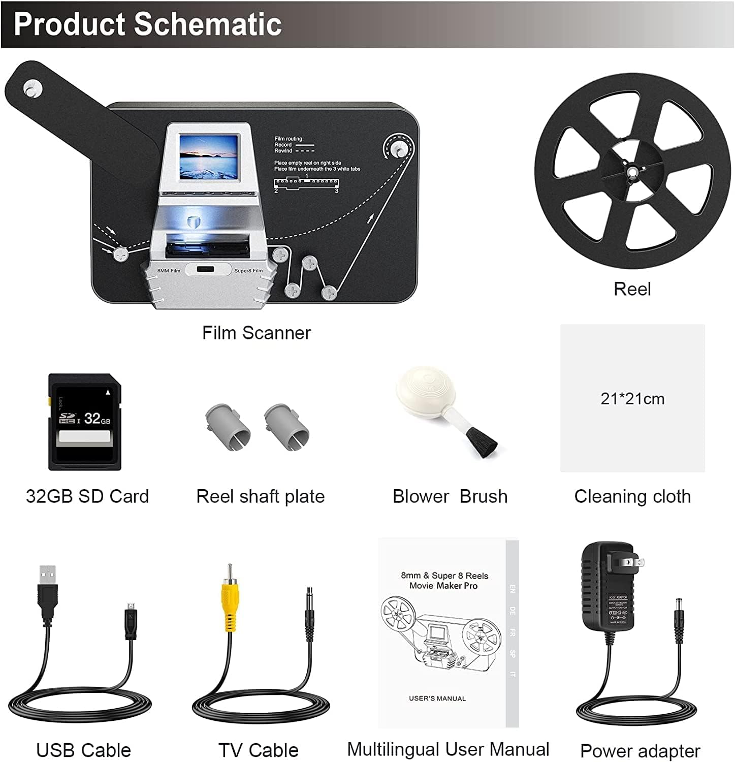 8mm & Super 8 Film to Digital Converter, Film Scanner Digitizer with 2.4' Screen, Convert 3'5'7'9'Reels View Frame by Frame into 1080P Digital MP4 Files,Sharing & Saving on 32GB SD Card
