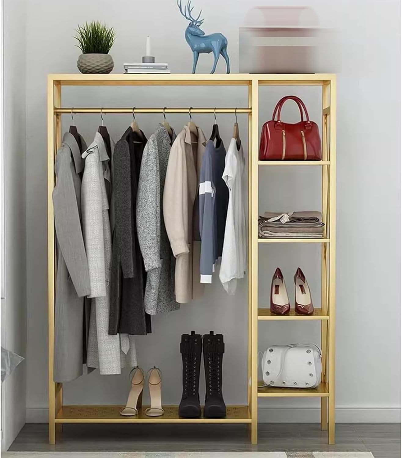 Heavy duty Garment rack Metal Free-Standing Clothing Rack, Portable Clothes Storage Organizer For Bedroom And Laundry Room, Space Saving Coat Rack With 6 Tier Shelves And Hanging (Gold 90X30X155CM)