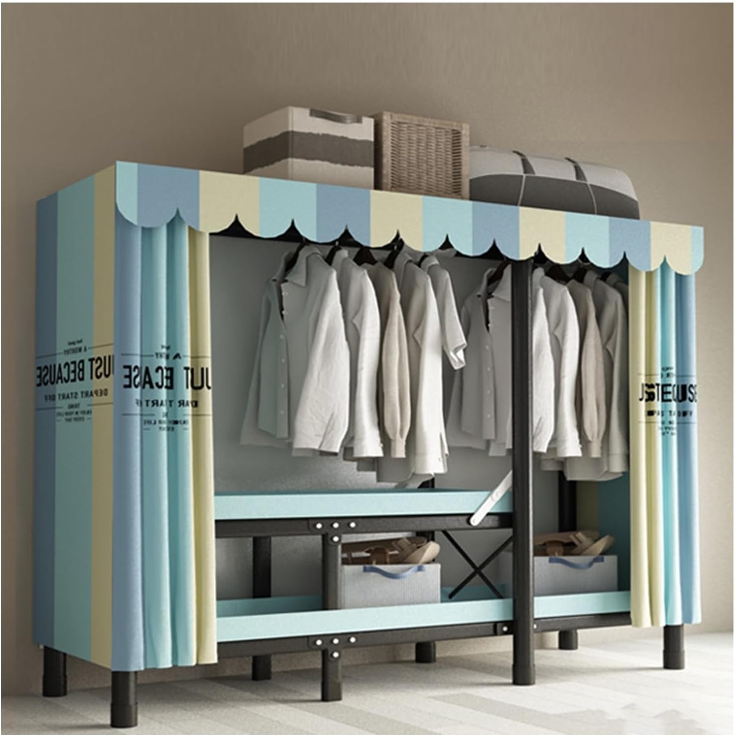 Portable Closet Wardrobe,Freestanding Coat Storage Garment Racks,Steel Tube Clothes Storage Organizer,for Bedroom Free Standing Clothes Rack with Cover(Color 1,128 X 49 X 170cm)