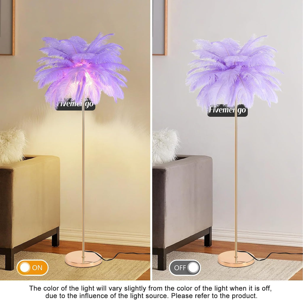 Feather Floor Lamp for Living Room, Fluffy Ostrich Feathers Lamp, Rose Gold Color Body, 3 Color Temperatures Modern Funky Tall Standing Lamp for Bedroom Inclued LED Bulbs (Light Purple)